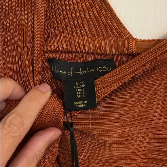 House Of Harlow Burnt Orange Ribbed Knit Asymmetrical 1 Strap Midi Dress Fall - Picture 5 of 8